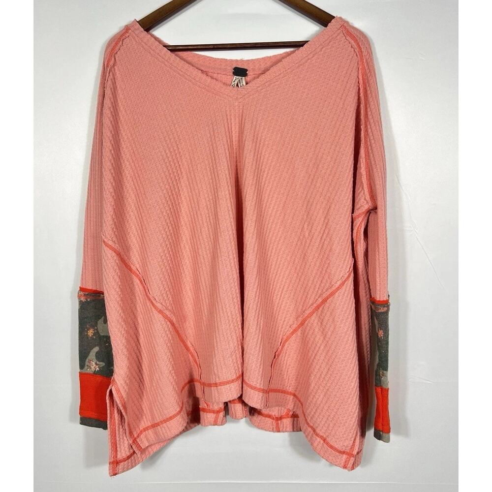 WE THE FREE Cozy thermal waffle knit leopard print cuff thermal top Orange XS - Picture 13 of 14